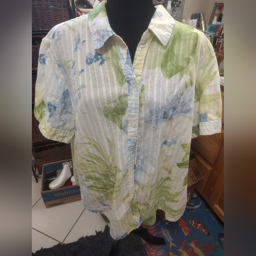 CARIBBEAN JOE VIntage Floral Woman's Blouse S 2X/Button-Up/Cute Sleeves/See info